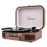 Voksun Suitcase Record Player, Bluetooth Turntable with Built-in Stereo Speakers, 3-Speed Nostalgic LP Vinyl Player, Supports Vinyl to MP3 Recording, with AUX USB RCA Headphone Jack, Brown